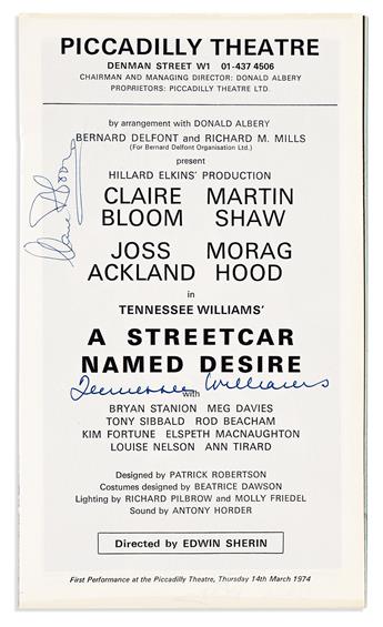 (ENTERTAINERS--PLAYBILLS.) WILLIAMS, TENNESSEE. Group of 4 playbills from various productions of A Streetcar Named Desire, each Signed